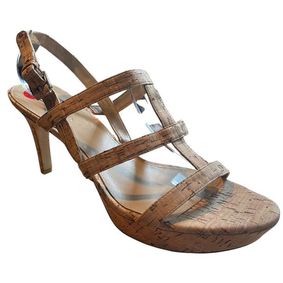 VIA SPIGA Tan Cork Designer Shoes Strappy Sandals Heels 11 FLAW Heel Height 4” - Picture 1 of 14